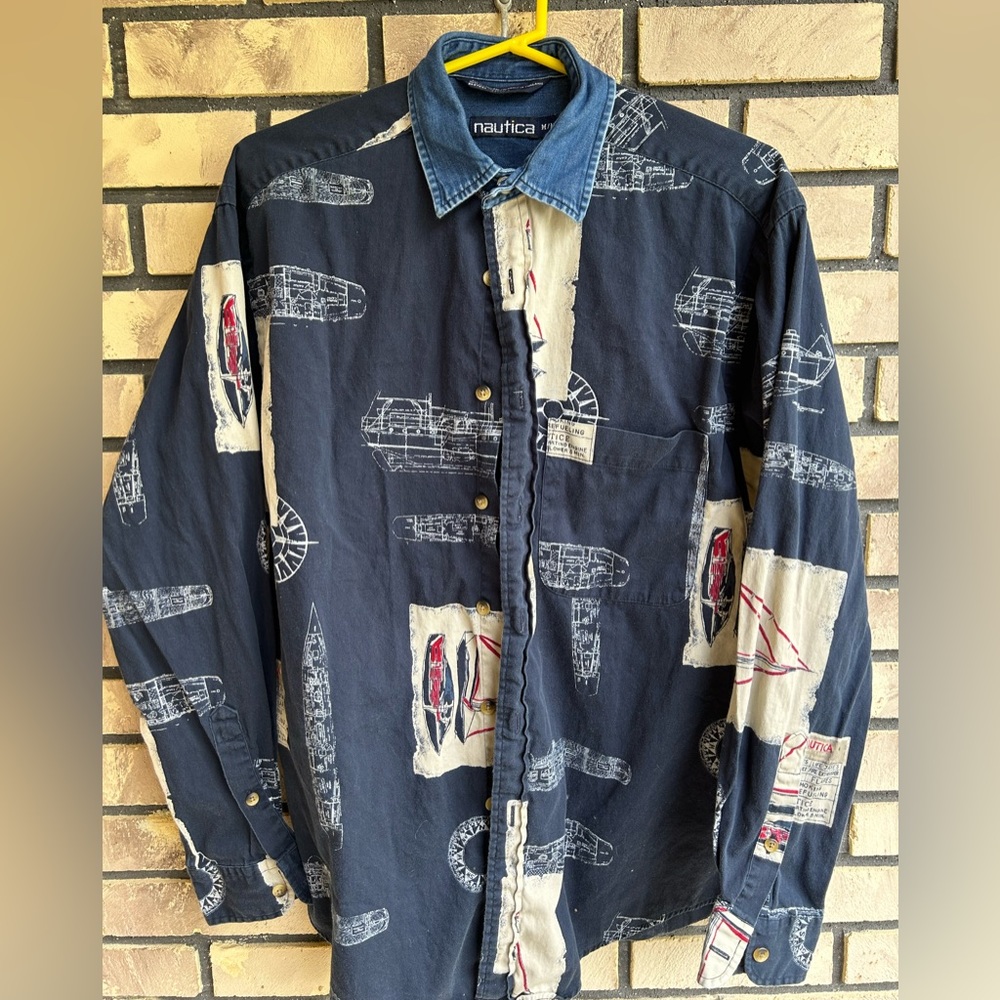Vintage Men’s Nautica Nautical Sailing Shirt With Denim Collar